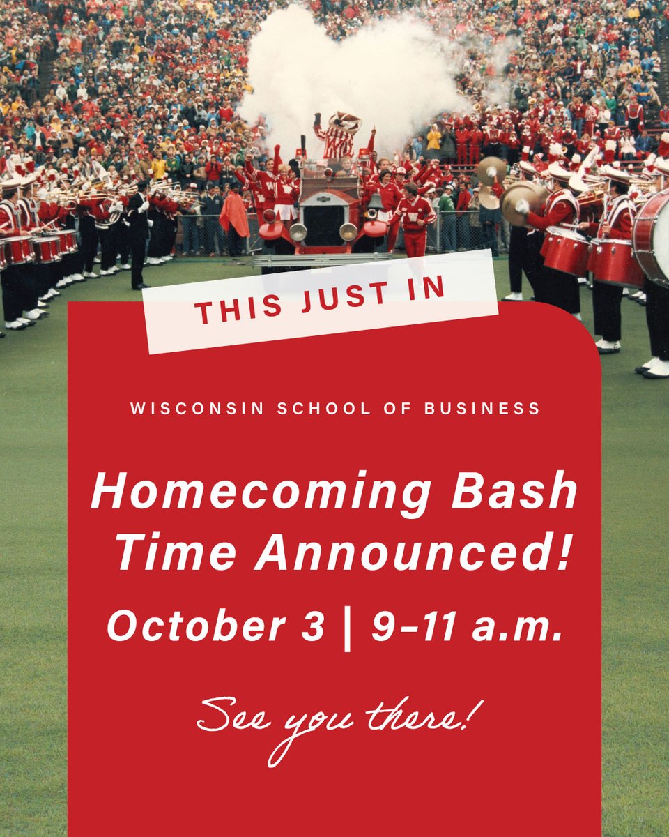 UWBusiness's tweet photo. Kickoff time for the 2026 Homecoming football game is at 11:30 a.m. CDT on October 3! 🏈

That means WSB’s Homecoming Bash at Union South will start at 9 a.m. 🎉 https://t.co/jdviJp3EDU