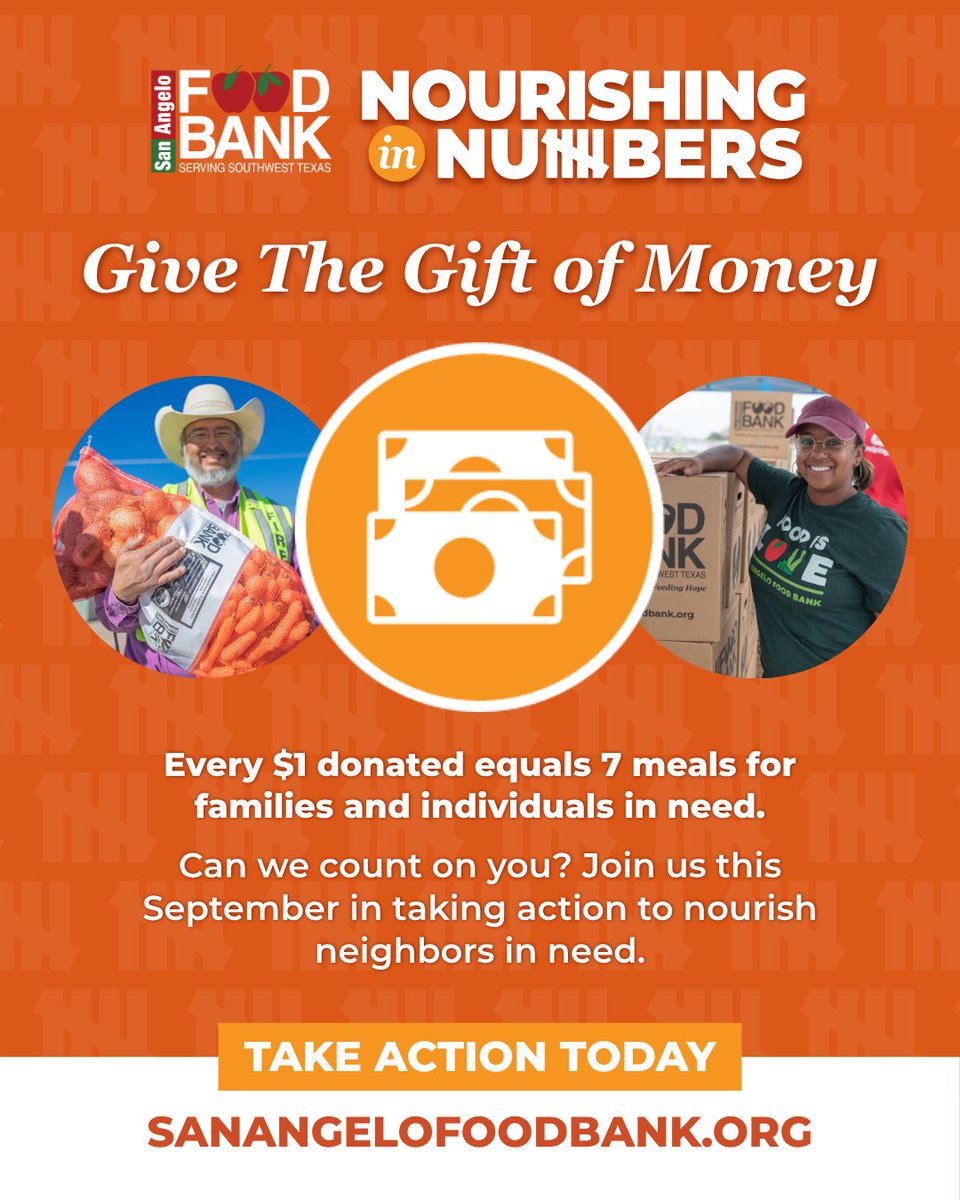 SanAngeloFB's tweet photo. Can you help a neighbor today? Your online gift to the San Angelo Food Bank helps provide nourishing food to neighbors in our community.

Every gift makes a difference. Donate today. 🧡

🟧 Nourish a Neighbor: https://t.co/lBiKDyPqE4 https://t.co/8MT1DsrvZh