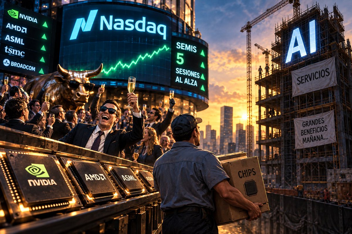 WStreet_Insider's tweet photo. Cinco sesiones seguidas al alza en semiconductores y el Nasdaq otra vez rozando máximos.

La euforia ha vuelto rápido.

Pero mientras todos buscan al próximo ganador de la IA, el hardware cobra hoy y muchos servicios todavía prometen cobrar mañana.

#IA #Bolsa https://t.co/EP3JhFzYZL