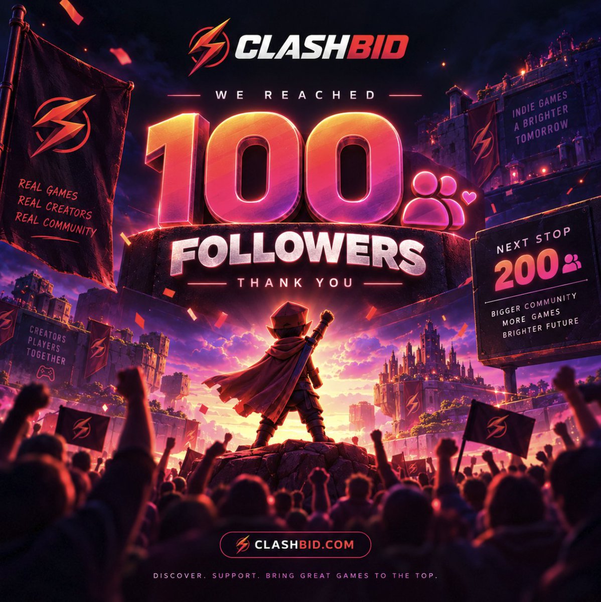 clashbid's tweet photo. 100 followers.
Second milestone unlocked. ⚔️

The ClashBid community keeps growing.

Thank you to everyone following, supporting, sharing, and believing in what we're building.

This is still just the beginning.

Next stop: 200 🔥

More games. More creators. More competition. https://t.co/oemjPobs91