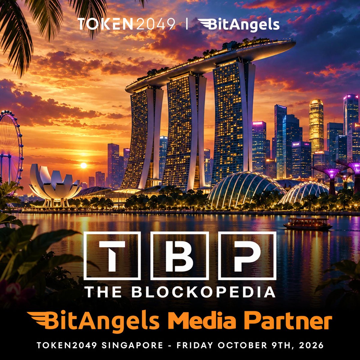 BitAngels's tweet photo. The Blockopedia is our media partner for BitAngels Singapore.

@theblockopedia_ covers blockchain, crypto, AI, DeFi, GameFi and startups for a global Web3 audience, and they'll be in the room during TOKEN2049 week as founders pitch to angels, VCs, and industry leaders.

If you're in Singapore that week, come spend the morning with us.

📅 Friday, October 9, 2026 | 10:45 AM – 2:30 PM SGT
🔗 Save your seat: https://t.co/Em1oF2GTzq

#BitAngels #TOKEN2049 #Singapore #Web3