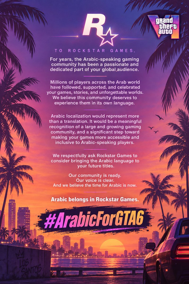 ay0_ayo's tweet photo. مطالبنا بإضافة اللغة العربية إلى GTA VI مستمرة، ولن نتوقف عن المطالبة بها 🇸🇦🔥

اللغة العربية ليست مجرد إضافة، بل دعم مهم لملايين اللاعبين العرب. نأمل أن نراها مدعومة رسميًا في اللعبة. 🎮🖤

@RockstarGames
#GTAVI
#ArabicForGTA6 https://t.co/hmznI9BM93
