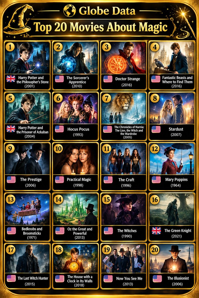 data_globe's tweet photo. 🧙 Top 20 Movies About Magic

❶ 🇬🇧 Harry Potter and the Philosopher’s Stone (2001)
❷ 🇺🇸 The Sorcerer’s Apprentice (2010)
❸ 🇺🇸 Doctor Strange (2016)
❹ 🇺🇸 Fantastic Beasts and Where to Find Them (2016)
❺ 🇬🇧 Harry Potter and the Prisoner of Azkaban (2004)
❻ 🇺🇸 Hocus Pocus (1993)
❼ 🇺🇸 The Chronicles of Narnia: The Lion, the Witch and the Wardrobe (2005)
❽ 🇺🇸 Stardust (2007)
❾ 🇺🇸 The Prestige (2006)
❿ 🇺🇸 Practical Magic (1998)
⓫ 🇺🇸 The Craft (1996)
⓬ 🇺🇸 Mary Poppins (1964)
⓭ 🇺🇸 Bedknobs and Broomsticks (1971)
⓮ 🇺🇸 Oz the Great and Powerful (2013)
⓯ 🇺🇸 The Witches (1990)
⓰ 🇬🇧 The Green Knight (2021)
⓱ 🇺🇸 The Last Witch Hunter (2015)
⓲ 🇺🇸 The House with a Clock in Its Walls (2018)
⓳ 🇺🇸 Now You See Me (2013)
⓴ 🇺🇸 The Illusionist (2006)