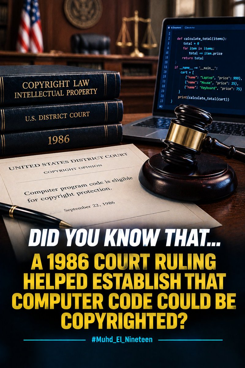 MuhdAmbross's tweet photo. Did You Know That... A 1986 Court Ruling Helped Establish That Computer Code Could Be Copyrighted?

Today, software is one of the most valuable forms of intellectual property on Earth.

But decades ago, the legal status of computer code was still being worked out.

On September 22, 1986, a U.S. federal judge ruled that computer code used to operate computers and other electronic devices could receive copyright protection.

The decision was important because software was different from traditional printed works.

A program might look like a collection of strange symbols and instructions to someone who didn't understand programming.

But those instructions could control an entire machine.

The ruling helped reinforce the idea that computer programs could receive legal protection similar to other forms of creative expression.

Think about how important that became.

Operating systems.

Applications.

Games.

Business software.

Mobile apps.

The software running the systems around us is now a massive global industry.

Back in 1986, however, courts were still dealing with a basic question:

Can computer instructions themselves be protected by copyright?

The Computer History Museum records the September 22, 1986 decision as a significant moment in the history of computing law. 

A seemingly technical courtroom decision helped shape the legal environment in which the modern software industry developed.

#ComputerHistory #Software #Cybersecurity #TechnologyLaw #Programming #Innovation #DidYouKnow #Muhd_El_Nineteen