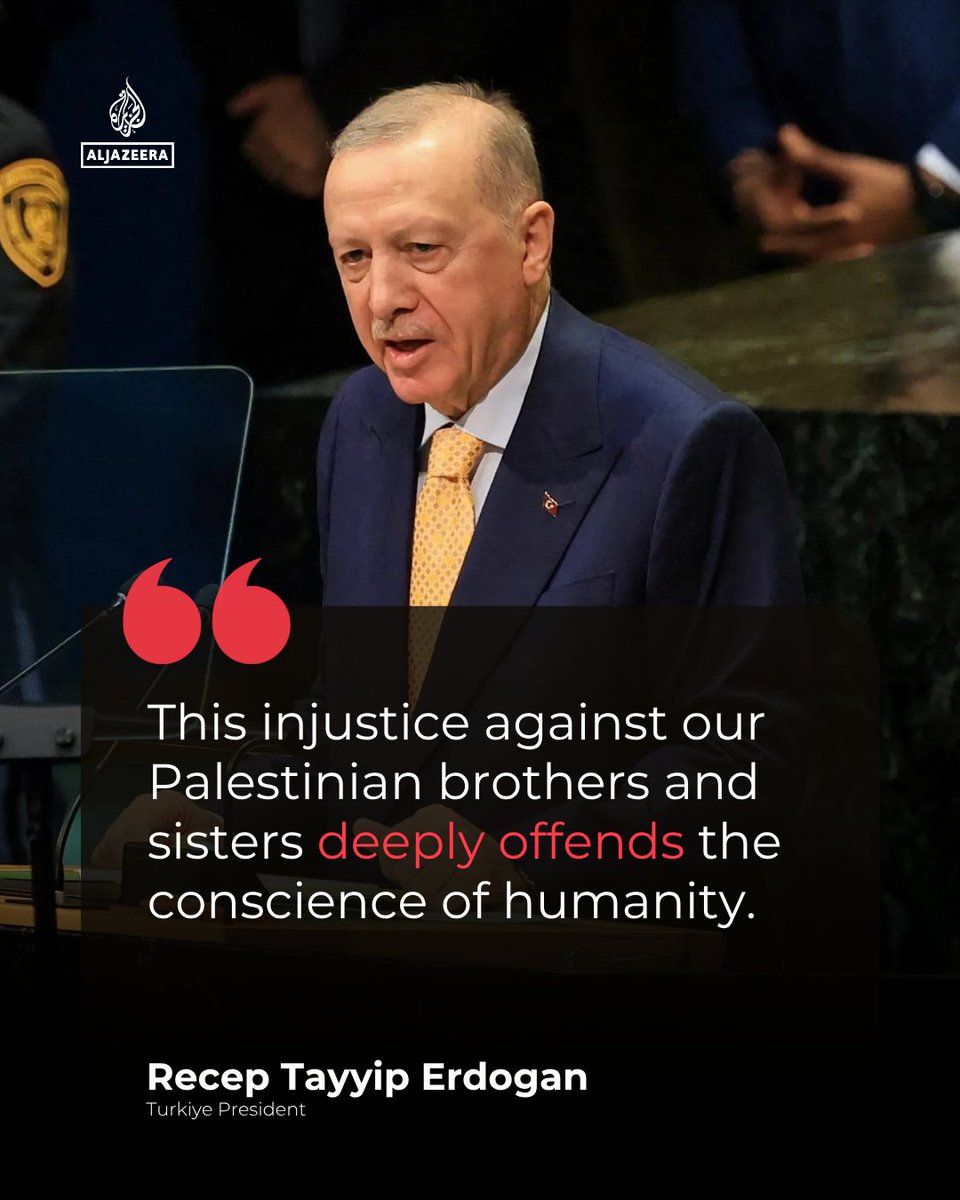AJEnglish's tweet photo. Turkish President Recep Tayyip Erdogan addressed world leaders at the UNGA, saying that over the past three years at least 74,000 people have been killed by the Israeli military in Gaza, in what Turkiye regards as “state terror.”

🟠 LIVE Updates: https://t.co/RZhBG7PDyP https://t.co/JYr8fQnU77