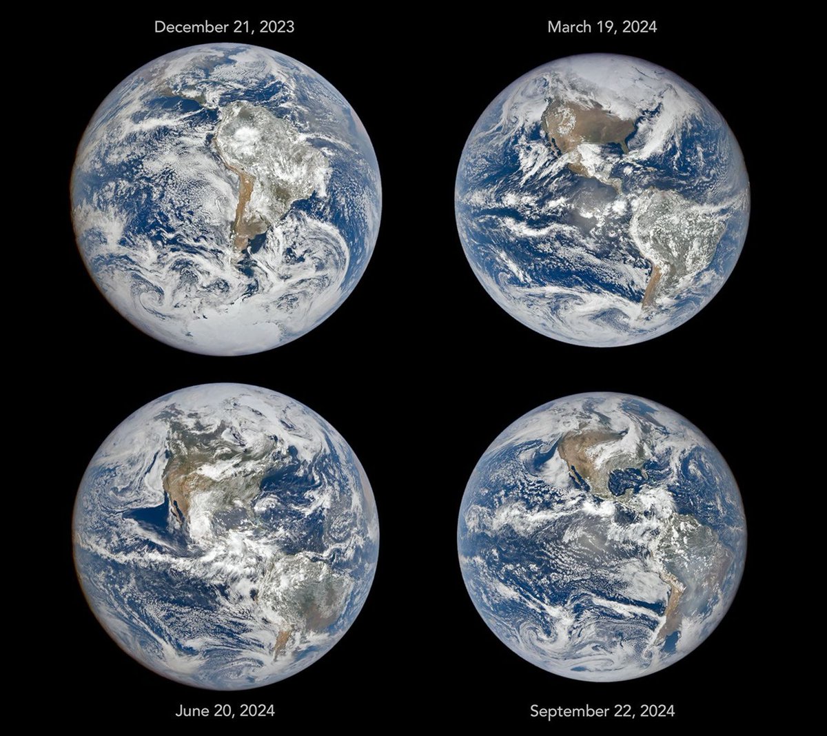 Images from NASA's EPIC (Earth Polychromatic Imaging Camera) aboard the NOAA mission DSCOVR (Deep Space Climate Observatory) show Earth on the December and June solstices and the March and September equinoxes, illustrating how the tilt of Earth’s axis shifts the continent’s apparent positions through the year.
NASA Earth Observatory/Michala Garrison