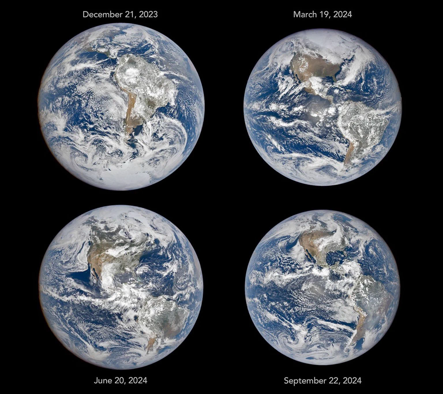 Images from NASA's EPIC (Earth Polychromatic Imaging Camera) aboard the NOAA mission DSCOVR (Deep Space Climate Observatory) show Earth on the December and June solstices and the March and September equinoxes, illustrating how the tilt of Earth’s axis shifts the continent’s apparent positions through the year.
NASA Earth Observatory/Michala Garrison