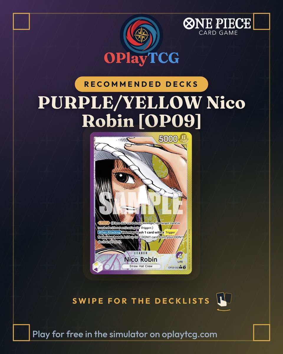OPlayTCG's tweet photo. Recommended decks for Nico Robin (OP09): 3 real lists winning in ranked on OPlayTCG. Swipe for the decklists and play for free at https://t.co/pmjuVXlrzk
#OnePieceCardGame #OPTCG #OPlayTCG https://t.co/BV5H0q1YZp