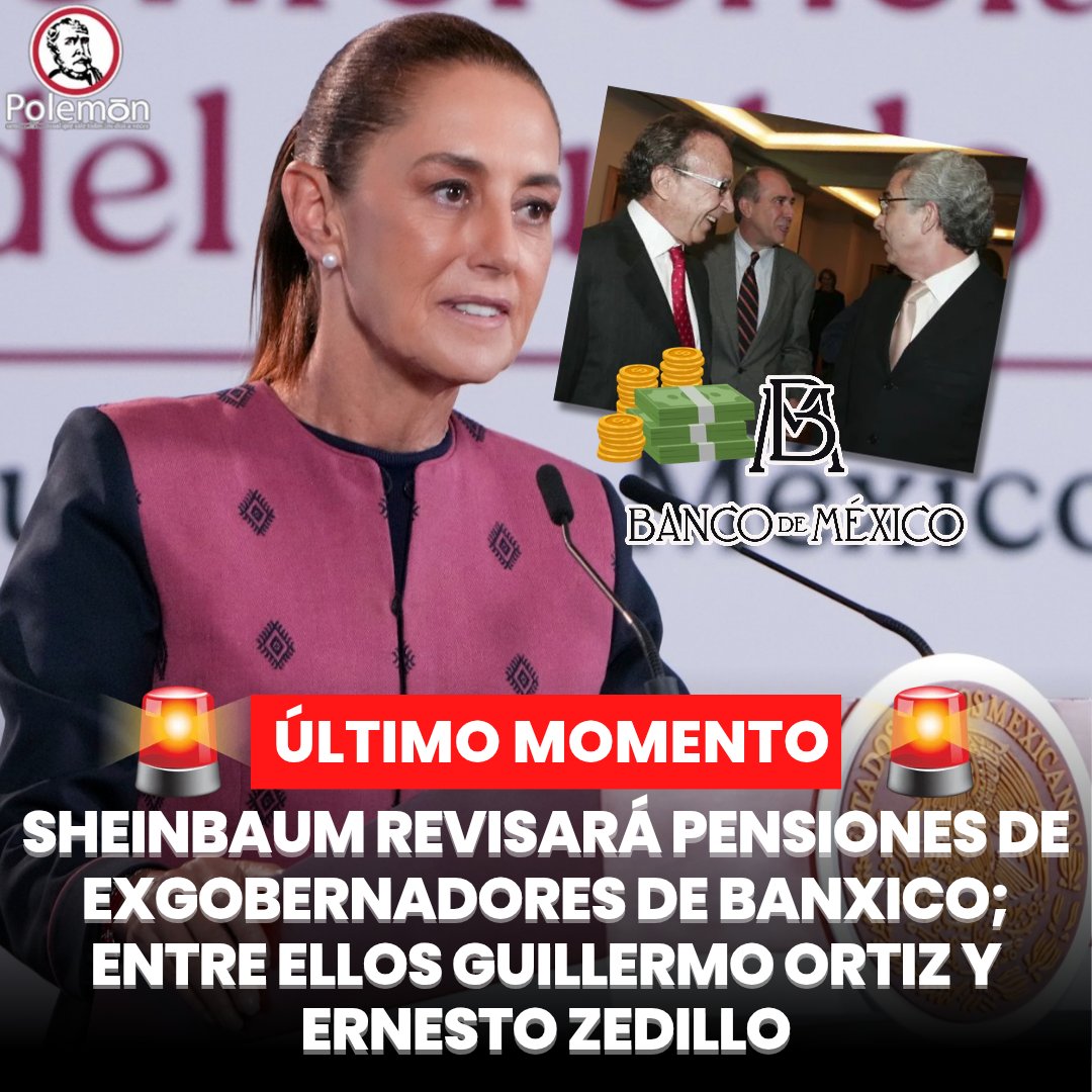 revistapolemon's tweet photo. 🚨#ÚLTIMOMOMENTO | La Presidenta @Claudiashein  adelantó que su gobierno revisará las pensiones que reciben exgobernadores y otros exfuncionarios del Banco de México (@Banxico), entre ellos Guillermo Ortiz Martínez y Ernesto Zedillo, para transparentar quiénes las cobran y cuánto representan para las finanzas públicas.

Durante la conferencia mañanera, la mandataria explicó que la autonomía del banco central y los amparos promovidos por algunos de sus funcionarios han permitido que estas remuneraciones no necesariamente estén sujetas a los límites salariales establecidos por la Constitución.

Sheinbaum recordó que las pensiones para expresidentes fueron eliminadas durante el gobierno de @lopezobrador_ , por lo que planteó analizar si deben mantenerse los pagos vitalicios que reciben antiguos directivos de Banxico.

“Y en todo caso, pues habría que ver si seguimos con esas pensiones o no”, afirmó.

La presidenta reconoció que estas remuneraciones pueden tener un fundamento legal, aunque cuestionó si resultan justas debido a los montos que implican.

“Puede ser legal, pero no muy justo que digamos”, expresó.

El tema surgió a partir de una pregunta sobre las pensiones de exgobernadores del banco central, entre ellos Ortiz y Zedillo, y su relación con el costo que ha representado para el país el rescate bancario mediante el Fobaproa.

La mandataria señaló que buscará transparentar cuáles exfuncionarios de Banxico reciben actualmente estas pensiones y los montos correspondientes.

“Muchos, bueno, todos los que fueron gobernadores o trabajaron en Banco de México tienen pensiones muy importantes. Vamos a ver si podemos por lo menos exponer cuáles son esas pensiones”, dijo.