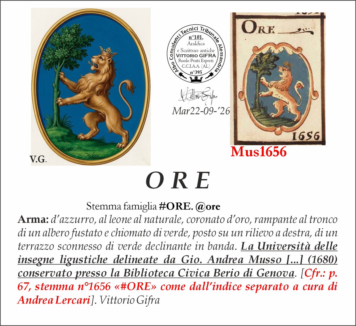 VGIFRA's tweet photo. Stemma famiglia #ORE. @ore
Arma: d’azzurro, al leone al naturale, coronato d’oro, rampante al tronco di un albero fustato e chiomato di verde, posto su un rilievo a destra, di un terrazzo sconnesso di verde declinante in banda. La Università delle insegne ligustiche delineate da Gio. Andrea Musso [...] (1680) conservato presso la Biblioteca Civica Berio di Genova. [Cfr.: p. 67, stemma n°1656 «#ORE» come dall’indice separato a cura di Andrea Lercari]. Vittorio Gifra
