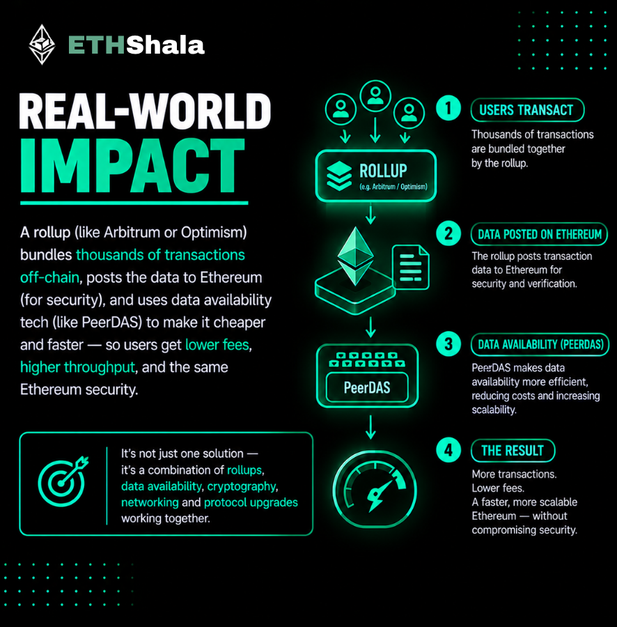 Its_EthShala's tweet photo. Ethereum scales through several layers of work: rollups process activity, data improvements reduce costs &amp; protocol research expands capacity without abandoning security. 

Explore PeerDAS and active research on ETHShala: https://t.co/oG6nrGjrGT 
#EthereumScaling https://t.co/GKYgxW8ZLz