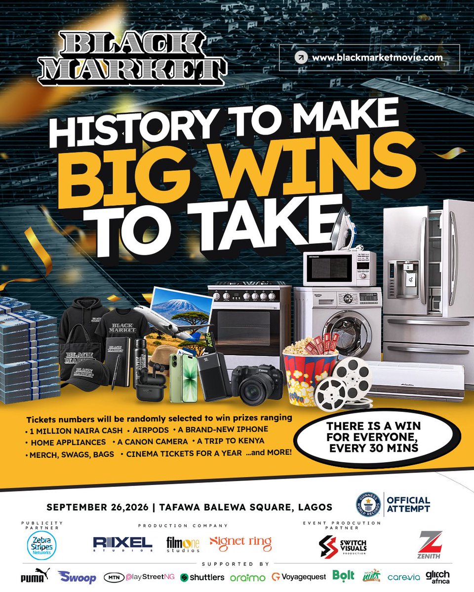 NoraAwolowo's tweet photo. We have a raffle every 30 minutes from 2pm to give out a lot of prizes on that day.

Imagine pulling up to TBS to watch a movie and going home with a brand new iPhone, free round trip ticket to London, Paris, Kenya, Millions in cash, home appliances, AirPods, a Canon camera, cinema tickets for a whole year, and so much more 🥳

All you need is your event ticket, because ticket numbers will be randomly selected all through the event!

Come early, come ready and you could be one of the lucky winners 🥳

#watchblackmarket