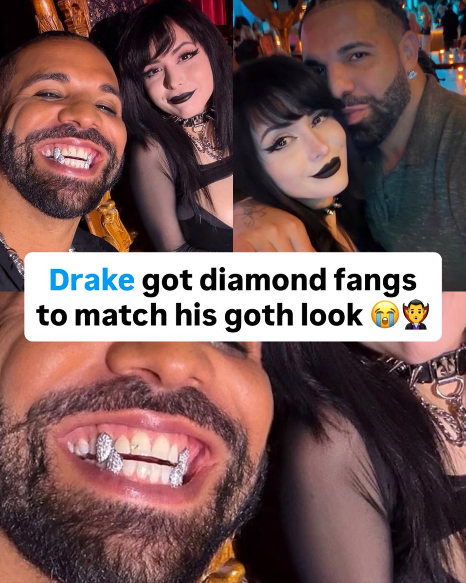 TheRecordsHQ's tweet photo. Drake got diamond fangs to complete the goth look 😭🧛‍♂️💎 Rocking a black outfit, a chunky skull necklace and sparkling fang-shaped grills, he fully committed to the vampire aesthetic. The smile really pulls the whole look together 😂 Are you feeling this look? 👀 https://t.co/4mQBra0TJZ