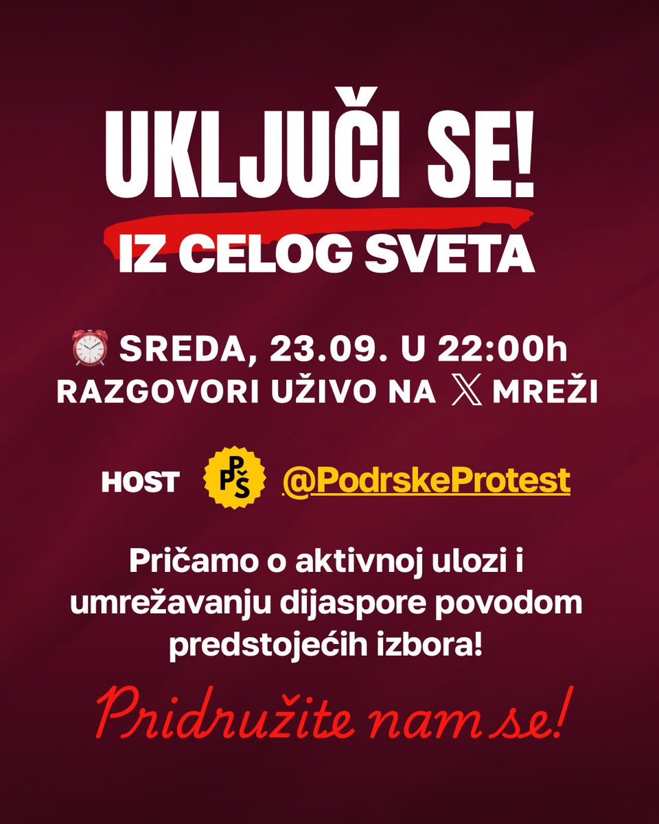 UkljuciSe2026's tweet photo. "UKLJUČI SE" - IZ CELOG SVETA!

Ima nas zaista svuda.

Poslednjih godinu i po dana povezivali smo se iz raznih gradova i zemalja. Upoznavali jedni druge, razmenjivali informacije, pravili gomilu protesta i akcija i usput napravili jednu ozbiljno veliku mrežu.

Da, kilometrima smo daleko, a srcem i dalje tu.

Ovaj Space posvećujemo dijaspori. Pričaćemo o svemu što smo zajedno prošli; šta smo do sada uradili; šta nas čeka pred izbore i kako dalje.

🎙️ Uđi u Space. Slušaj, pitaj, uključi se u razgovor.

Gde god da si - uključi se.

@SerbianInfidel @thetrivke @GojkoBozovic @belcho1311