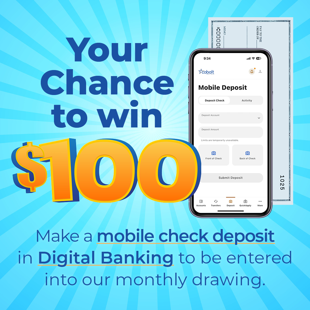 cobaltcu's tweet photo. 💰 Deposit a check. Get a chance to win $100.

Use Cobalt Digital Banking to deposit your check from your phone and you’ll be entered into our $100 giveaway.*

🔗*Learn More: https://t.co/iXEy2abiDO https://t.co/UZHKpEatxs