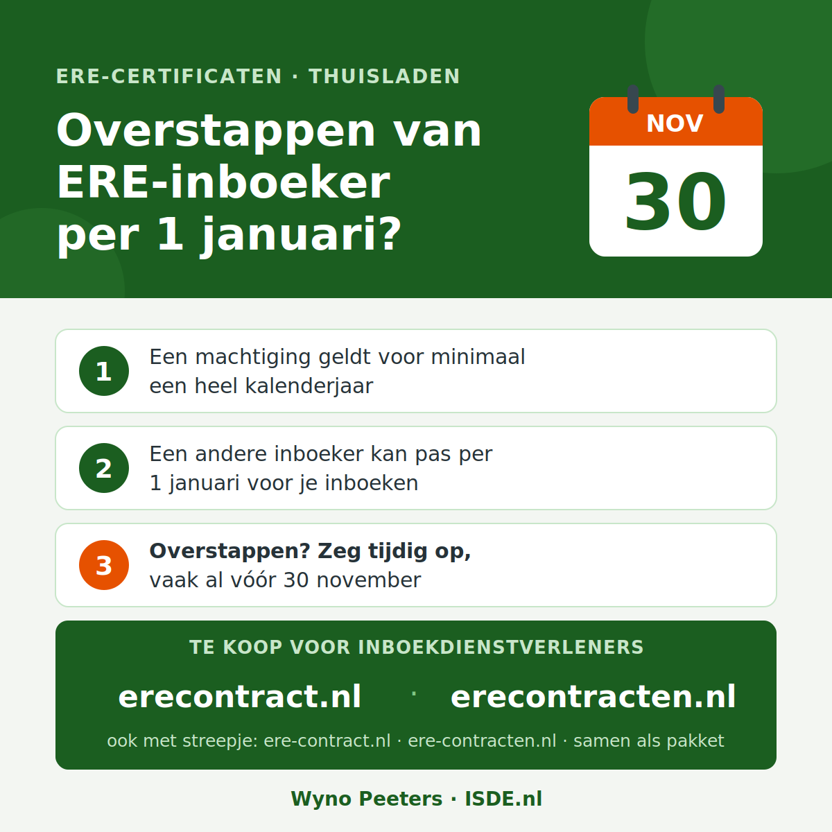 BTWzonnepanelen's tweet photo. Per 1 januari naar een andere ERE-inboeker? Zeg vaak al vóór 30 november op; een nieuwe inboeker kan pas per 1 januari voor je inboeken (NEa).

Inboekdienstverleners: https://t.co/L5FUtL56Xa + https://t.co/FFQvcDYhD0 te koop als pakket. DM me.

#ERE #laadpaal https://t.co/sgxrDVuyaT