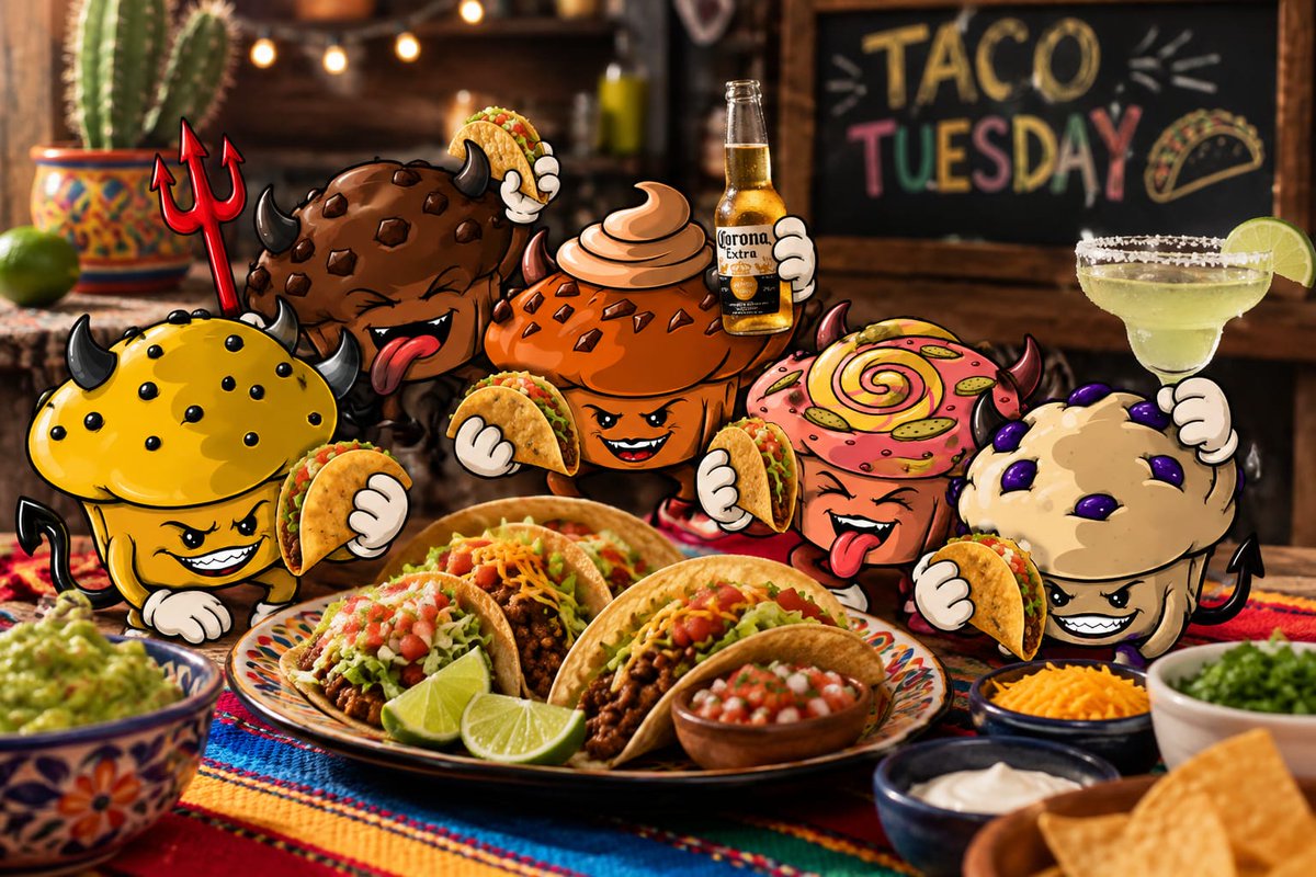 HellMuffins2026's tweet photo. After a morning spent impaling 77 bagels with their pitchforks, the Hell Muffins have decided to enjoy the rest of their taco Tuesday.  Happy Tuesday to all! https://t.co/TUVsDYJVzc