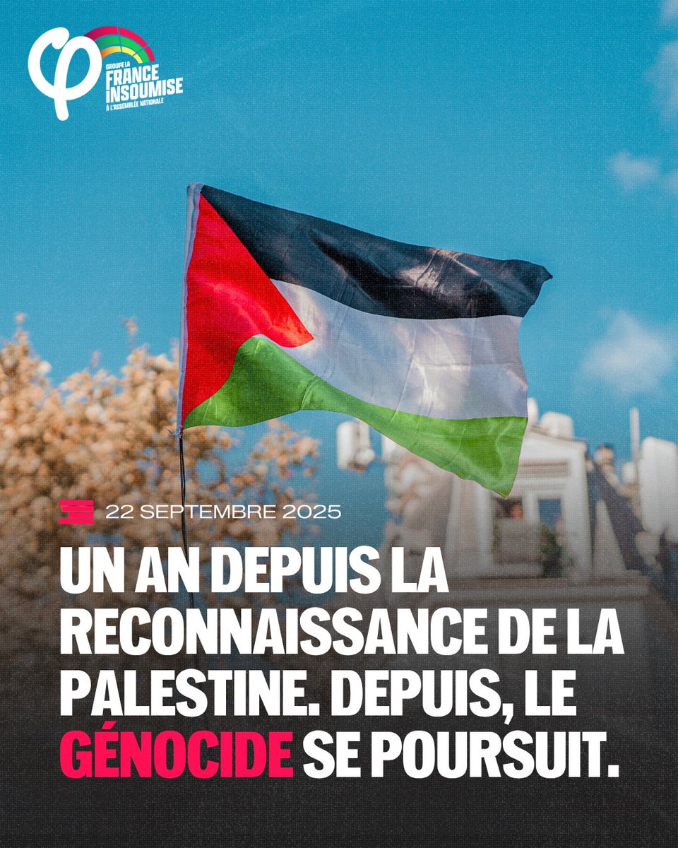 MathildePanot's tweet photo. 🇵🇸  Il y a un an, la France reconnaissait l'Etat de Palestine. 

Depuis ? Rien n'a changé pour les Palestiniens. Les bombes pleuvent toujours sur Gaza, amputée de 70% de son territoire, la colonisation de la Cisjordanie est chaque jour plus meurtrière, les déclarations d'intention génocidaire des ministres israéliens sont monnaie courante et le quotidien des palestiniens est toujours un enfer. 

La reconnaissance de la Palestine de Macron sonne comme un acte creux car aucune mesure sérieuse n'a été prise pour mettre au fin au génocide : pas de sanctions contre Israël, pas d'embargo total sur les armes, pas de suspension des partenariats universitaires et pas de boycott culturel. 
Même leurs promesses n'ont pas été tenues : il n'y a toujours pas d'Ambassade de France en Palestine. 

Et par dessus le marché, la France harcèle ses opposants politiques qui portent la voix de la paix. 

Ironie de l’histoire : le jour du premier anniversaire de la reconnaissance de la Palestine par la France restera aussi comme le jour où Emmanuel Macron a permis une nouvelle fois à Benjamin Netanyahou de survoler le territoire français alors qu’il est sous mandat d’arrêt international par la CPI. 

Un an plus tard, on se demande toujours : qu'a fait la France pour la Palestine ?