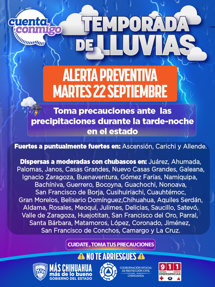 CEPC_Chih's tweet photo. 🚨 ALERTA PREVENTIVA 🚨A partir de esta tarde-noche del martes 22 de septiembre, toma precauciones ante las precipitaciones pronosticadas exclusivamente en la región norte del estado. Se esperan lluvias fuertes, c riesgo de inundaciones repentinas. https://t.co/52CBGR1ATW