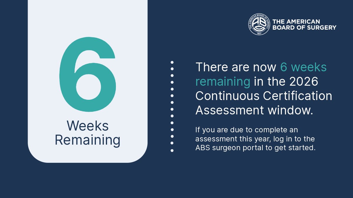 AmBdSurg's tweet photo. There are now 6 weeks remaining in the 2026 #ContinuousCertification Assessment window. All assessments must be complete by 11:59 p.m. ET on Tuesday, Nov. 3, to count for this year - https://t.co/zyfCyLwxPP https://t.co/cdDvkXOJe1