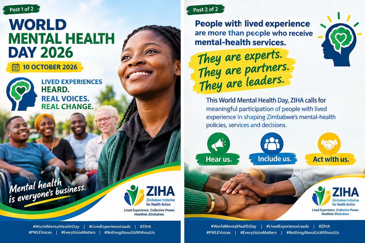 ZIHAZimjabwe's tweet photo. 3/3
This World Mental Health Day, ZIHA calls for mental-health systems where people with lived experience can participate, influence decisions and lead change.
Hear us. Include us. Act with us.
@MoHCCZim @dr_douglas @WHO_Zimbabwe @ParliamentZim @NicolaWatson13 https://t.co/FlDRiHCb3H
