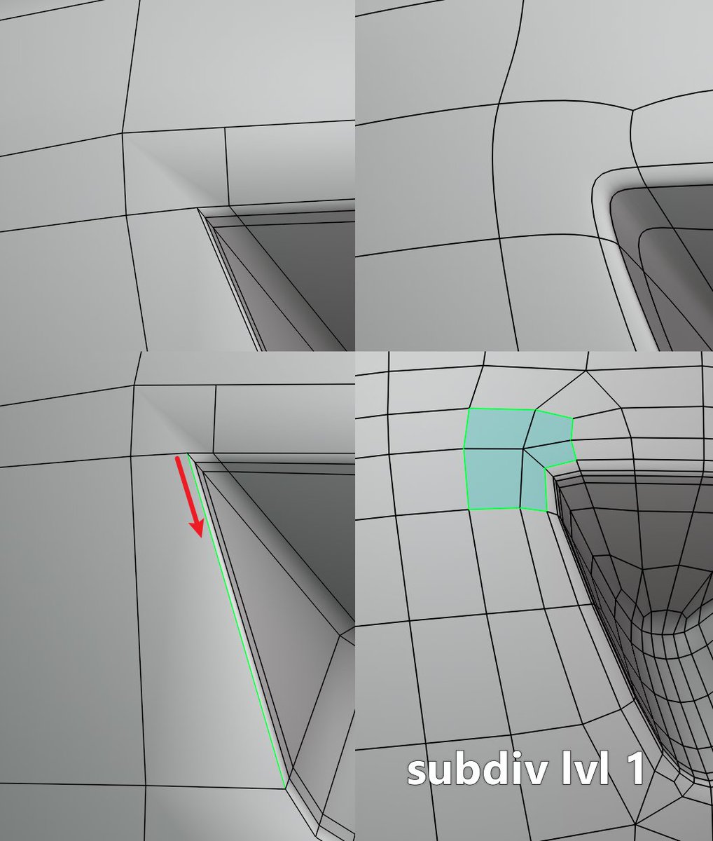 ThatNgonGuy's tweet photo. This one demonstrates the basis of how subdiv works. 

Verts are constantly trying to relax with each subdiv level, and the longest connected edge pulls the hardest. So the bottom vert on the corner face is connected to a long edge which is what pulls the face around the corner. https://t.co/MQeN0Vkwzw