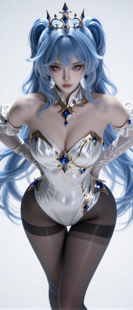 Livia2021085's tweet photo. 冰蓝长发垂落如流泉，白缎映着金镶蓝宝石，冷光里凝着一身华贵。
#AIart #AI美女 #连体衣 https://t.co/A6LWfKjUkM