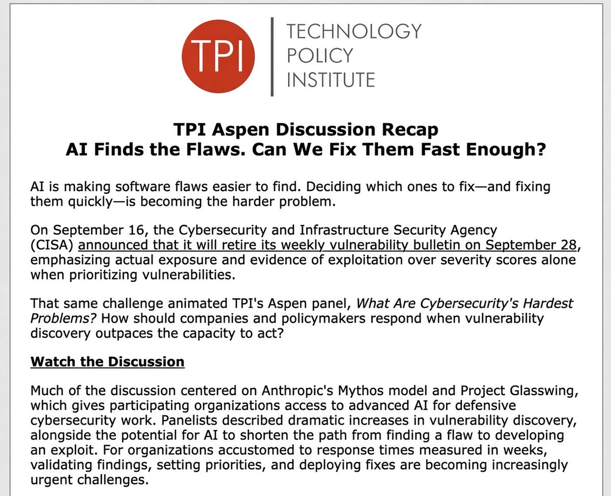 techpolicyinst's tweet photo. 🚨AI Finds the Flaws. Can We Fix Them Fast Enough?🚨 TPI Aspen Discussion Recap: “What Are Cybersecurity's Hardest Problems?” discussed topics in the news today. Check out the takeaways and watch the panel video here: https://t.co/N1laZ8C2T2 https://t.co/7j72kYSeT6