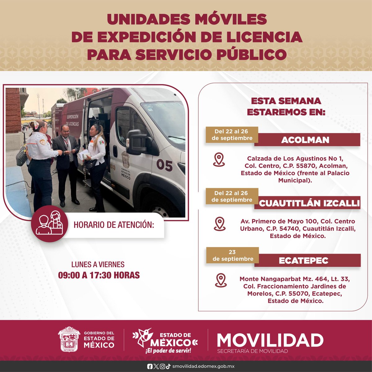 SEMOV_Edomex's tweet photo. 🚌🛣️ Porque tu tiempo vale, llevamos las unidades móviles a distintos puntos para que gestiones tu licencia de servicio público. ⏳📄🙌

🔎 Consulta requisitos y costos en el siguiente link:
💻 https://t.co/NMYAWT27Mu https://t.co/gisUv15nJR