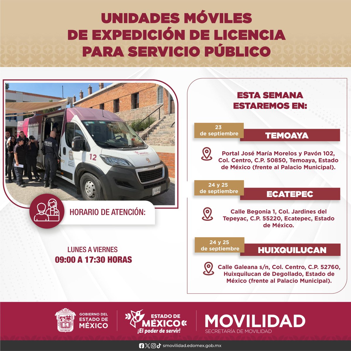 SEMOV_Edomex's tweet photo. 🚌🛣️ Porque tu tiempo vale, llevamos las unidades móviles a distintos puntos para que gestiones tu licencia de servicio público. ⏳📄🙌

🔎 Consulta requisitos y costos en el siguiente link:
💻 https://t.co/NMYAWT27Mu https://t.co/gisUv15nJR