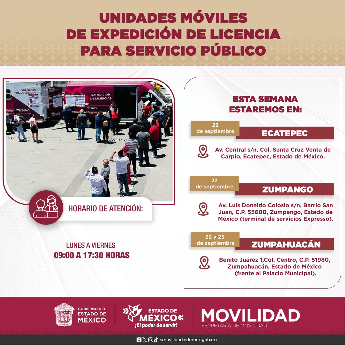 SEMOV_Edomex's tweet photo. 🚌🛣️ Porque tu tiempo vale, llevamos las unidades móviles a distintos puntos para que gestiones tu licencia de servicio público. ⏳📄🙌

🔎 Consulta requisitos y costos en el siguiente link:
💻 https://t.co/NMYAWT27Mu https://t.co/gisUv15nJR