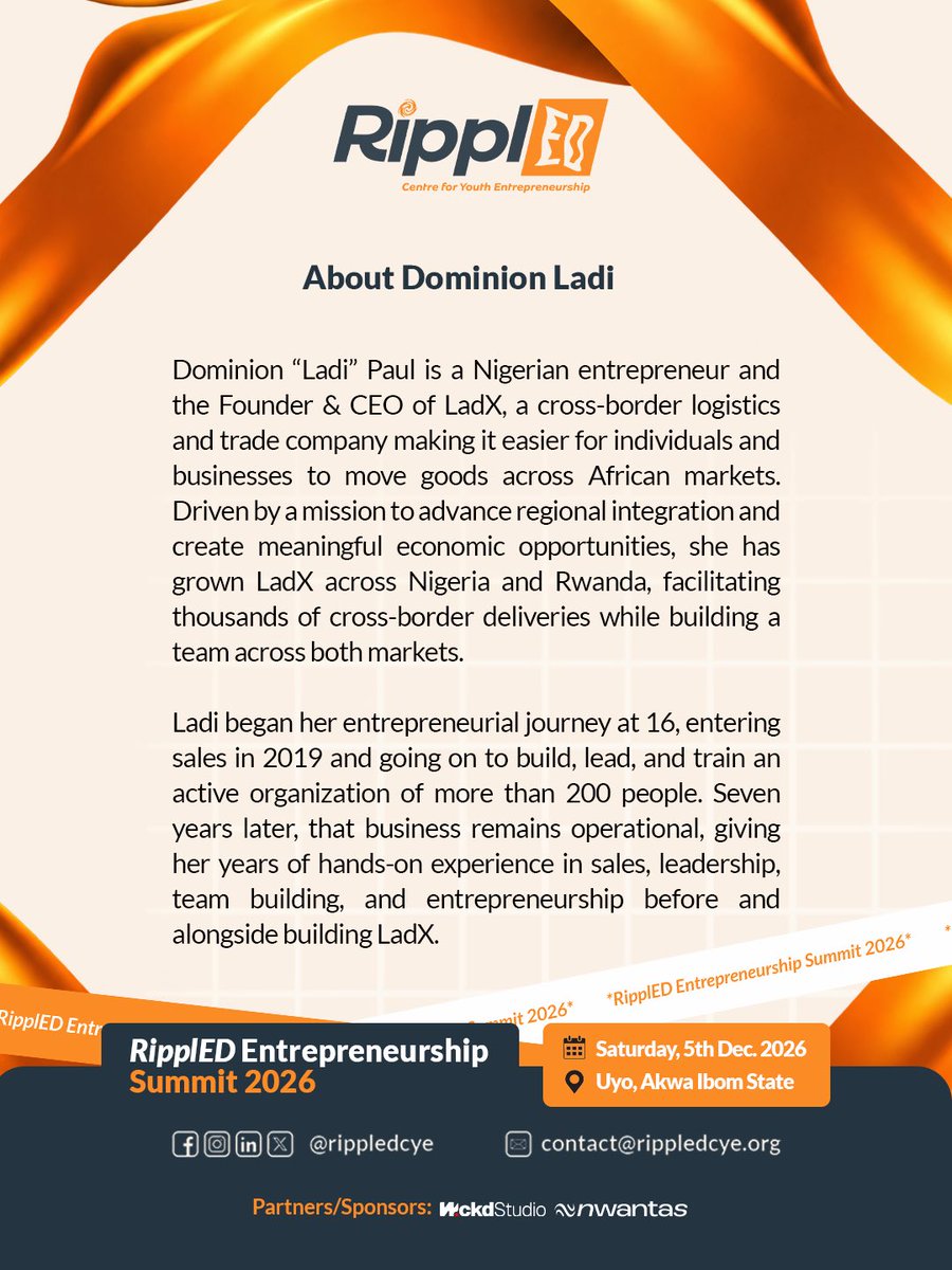 rippledcye's tweet photo. Dominion Ladi will be joining us live at RipplED Entrepreneurship Summit in Uyo! 

She is currently the CEO of LadX, a cross-border logistics and trade company making it easier for individuals and businesses to move goods across African markets. 

#rippledcye https://t.co/jVrqFMvvM4