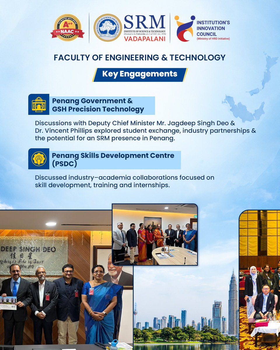 srmvdp_campus's tweet photo. SRM Group &amp; SRMIST Vadapalani visited
Malaysia (15-18 Sept), strengthening government, academic &amp; industry ties through UniMAP, PSDC, GSH Precision Technology &amp; ICED 2026. Exploring mobility, research &amp; global opportunities.

#SRMIST #Malaysia #GlobalEngagement
#ICED2026 https://t.co/sYLf1J6Xbe