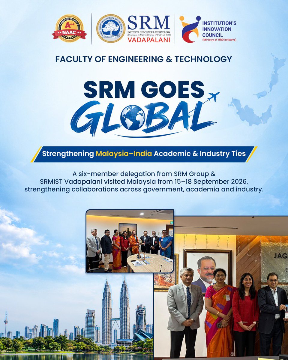 srmvdp_campus's tweet photo. SRM Group &amp; SRMIST Vadapalani visited
Malaysia (15-18 Sept), strengthening government, academic &amp; industry ties through UniMAP, PSDC, GSH Precision Technology &amp; ICED 2026. Exploring mobility, research &amp; global opportunities.

#SRMIST #Malaysia #GlobalEngagement
#ICED2026 https://t.co/sYLf1J6Xbe