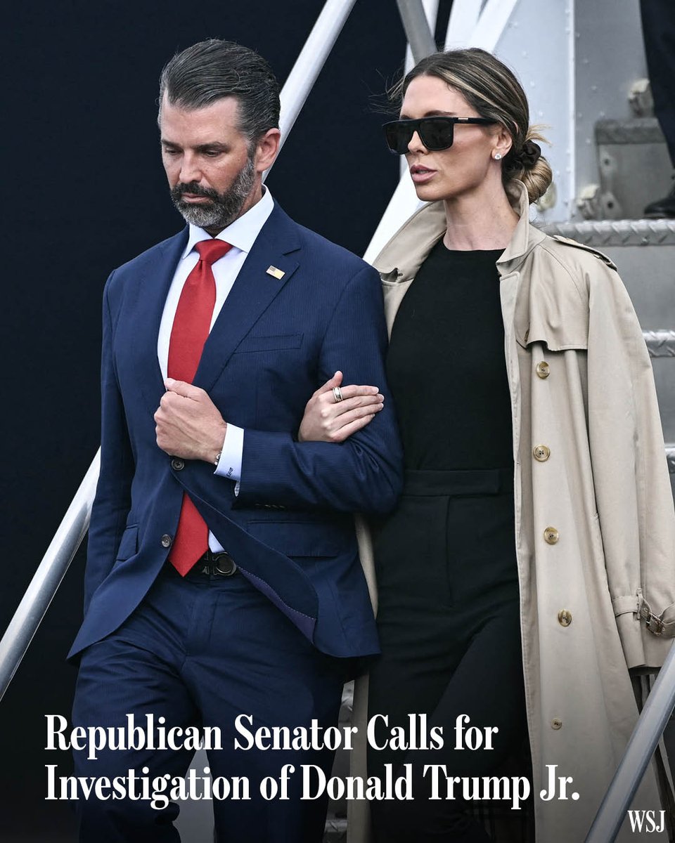 WSJ's tweet photo. A GOP senator called for an investigation of Donald Trump Jr., after the disclosure that the president’s son received an afterparty as a wedding gift from a Russian businessman. https://t.co/oJGUMuZtbS https://t.co/cQlBG5ozbM