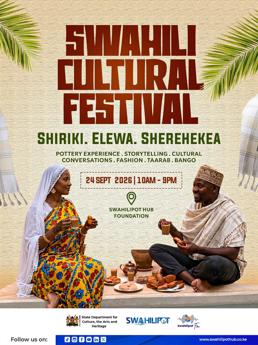 swahilipothub's tweet photo. Je, unathamini utamaduni wa Kiswahili? Basi usikose fursa ya kushiriki katika tamasha linaloadhimisha urithi wetu kwa njia ya kipekee. Kutoka kwa ufinyanzi, hadithi za jadi, mijadala ya kitamaduni, mitindo ya Kiswahili, hadi burudani ya taarab na bango, kila mmoja ana nafasi ya kujifunza na kufurahia.
📅 24 Septemba 2026 ⏰ 10:00 Asubuhi - 9:00 Jioni 📍 Swahilipot Hub Foundation