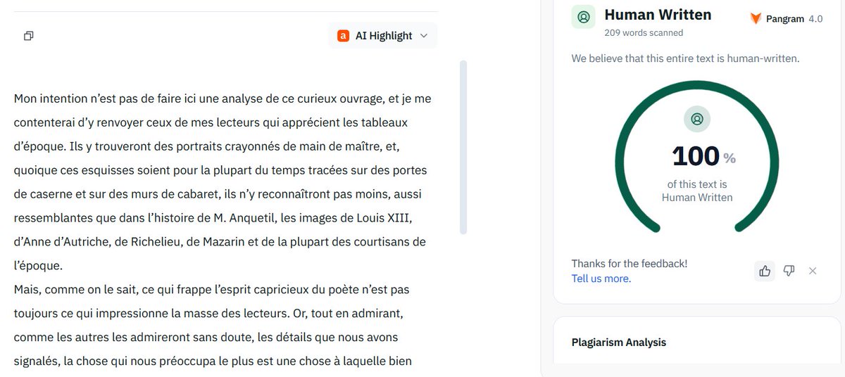 Fabiensapiens's tweet photo. Je teste Pangram sur quelques textes célèbres. Et on a quand même des surprises. Les vers le déroutent peut-être ?
(Hugo, Dumas, Saint-Ex.) https://t.co/vR3011qlFK