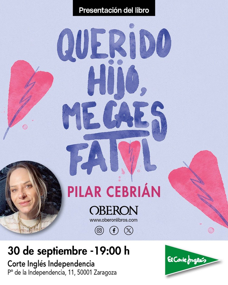 OberonLibros's tweet photo. 📖 'Querido hijo. Me caes fatal', de Pilar Cebrián. 💜🩷

Una mirada cercana y empática para ayudarnos a comprender la #adolescencia.

🗓️ Presentación el 30/9 en @elcorteingles de #Zaragoza. ¡A las 19:00 h!

👉 https://t.co/I64mhWX0vD https://t.co/jkE1aejpMW