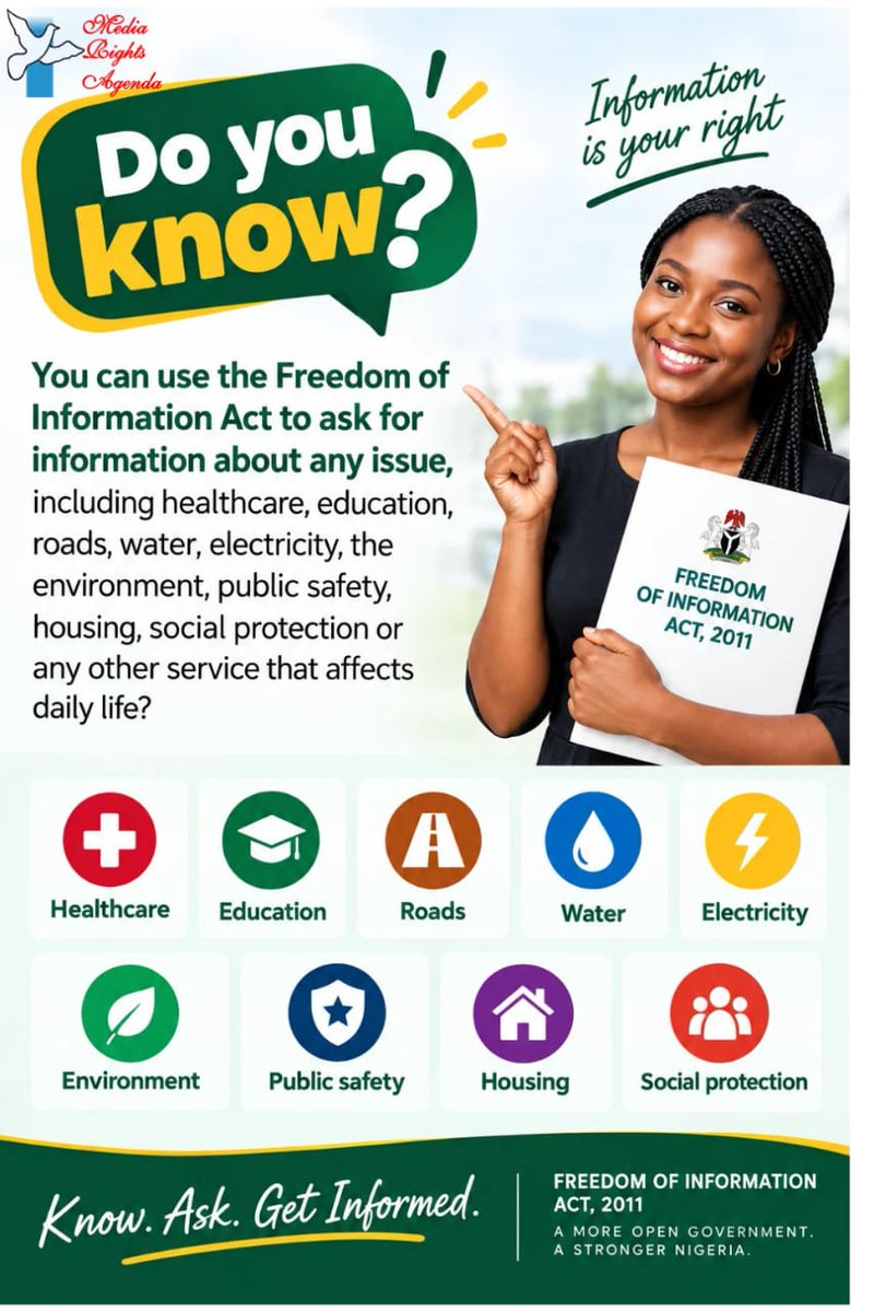 MRA_Nigeria's tweet photo. What would you ask if you knew you had the right to know? From healthcare and education to roads, water and electricity, the FOI Act gives you a tool to seek information on issues that affect your daily life. Know. Ask. Get informed. #KnowYourRight https://t.co/h2nugDVIeo