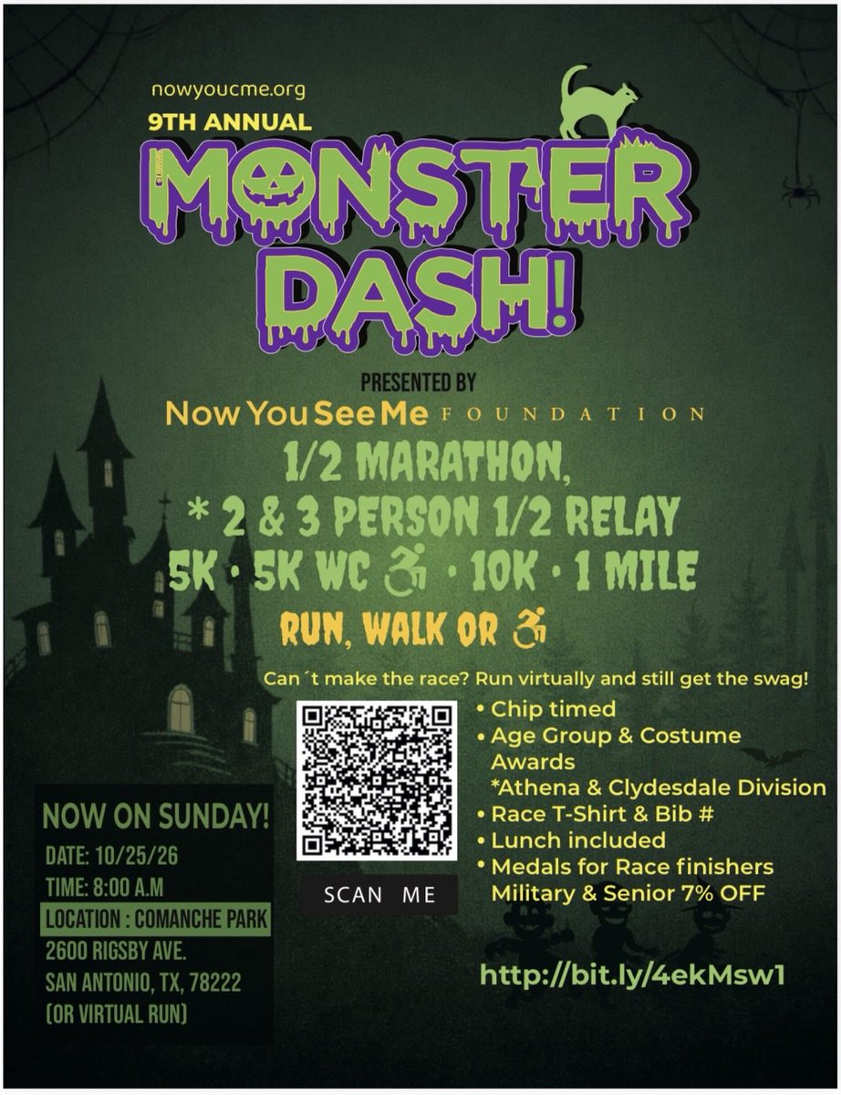 NowYouCMe_org's tweet photo. 9th Annual Monster Dash 🧌👻🎃
October 25th 20206! 
@Comanche Park at 8 am! Too many perks to mention but our best: FREE Chick Fil-A card Meal with every participant! 
To register: https://t.co/6cCmu07Jm5

Run with Purpose! https://t.co/5BJ9dhDdpC