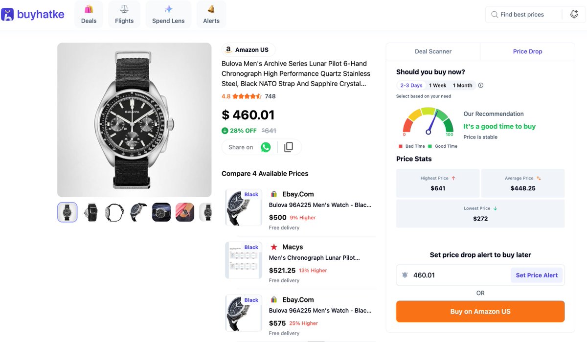 BuyhatkeDEALS's tweet photo. 🚨 PRICE CHECK 🚨
Bulova Lunar Pilot chronograph is $460.01 on Amazon, marked 28% off ⌚
but here's the thing: its average price is $448.25.
you'd be paying $12 ABOVE average on a 'sale.' it's hit $272 before .... https://t.co/l1MBzy5UZI