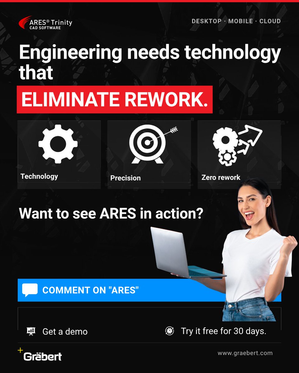 graebertcad's tweet photo. Engineering needs technology that eliminates rework.

ARES® Trinity brings CAD to Desktop, Mobile &amp; Cloud helping teams work with precision anywhere.

Want to see ARES in action? Comment “ARES” for a demo.

#CAD #Engineering #ARES https://t.co/sQQIuhK15h
