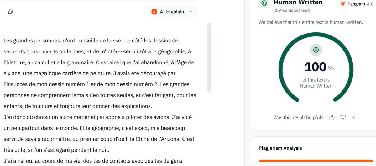 Fabiensapiens's tweet photo. Je teste Pangram sur quelques textes célèbres. Et on a quand même des surprises. Les vers le déroutent peut-être ?
(Hugo, Dumas, Saint-Ex.) https://t.co/vR3011qlFK