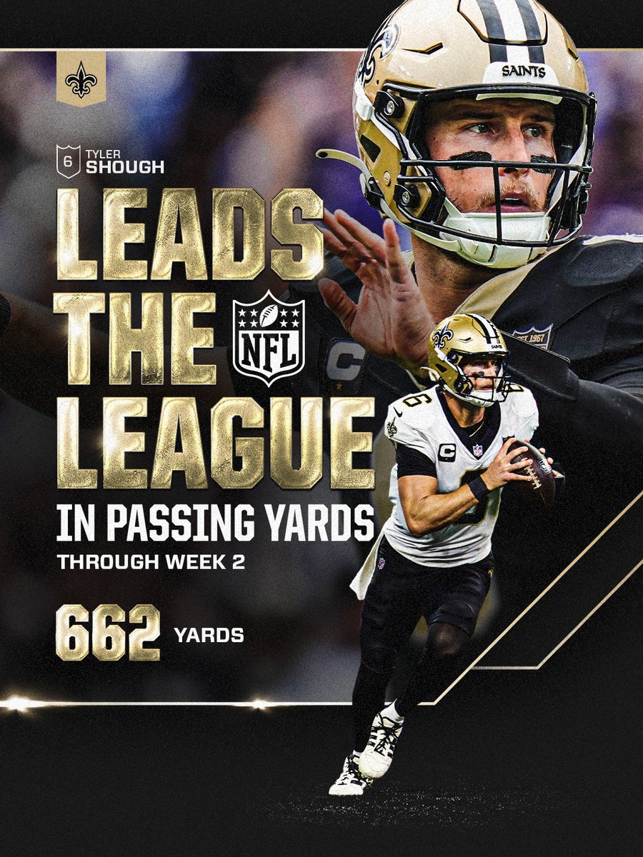 Saints's tweet photo. Your league leader in passing yards, Tyler Shough https://t.co/zi7o237RrS