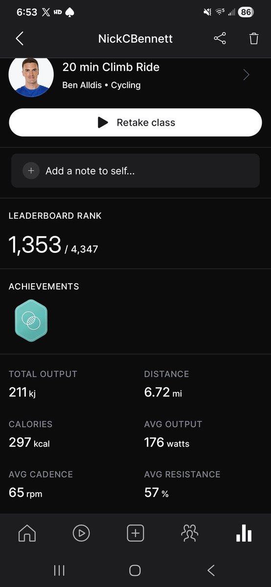 Proudpoppa24's tweet photo. I am still getting to the gym 3-5 days a week for strength training but I woke up this morning feeling a Peloton ride. Not a bad effort either #fitness #fitover40 https://t.co/Sc7OmZjS58