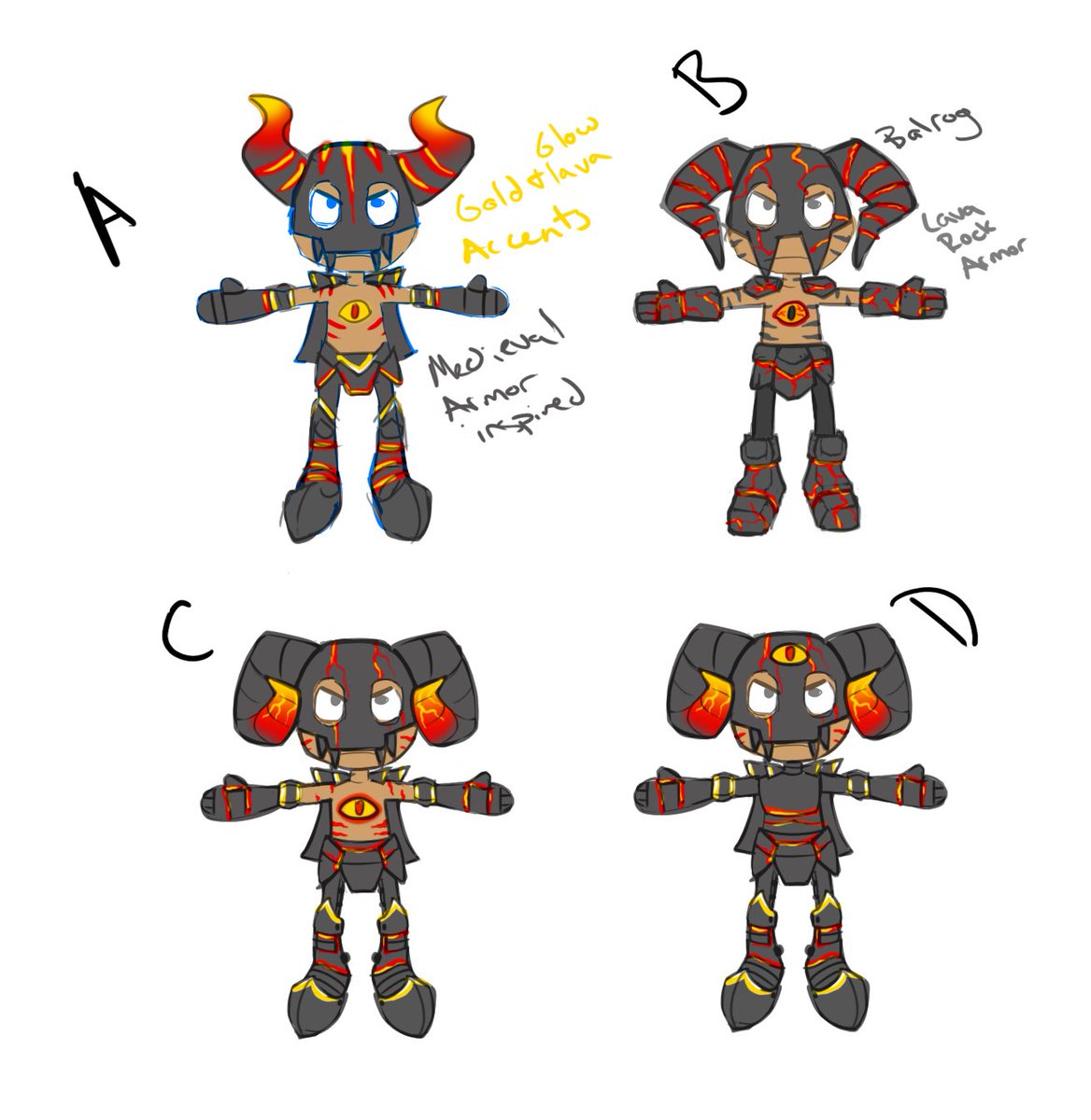 vectorunit's tweet photo. Take a look at early concepts for Zoog-Zoog: 

Lead character artist Timm was inspired by fire, lava and heavy metal - experimenting with different ideas that eventually become what you see in-game today! 🔥 https://t.co/6MWpwkgncQ