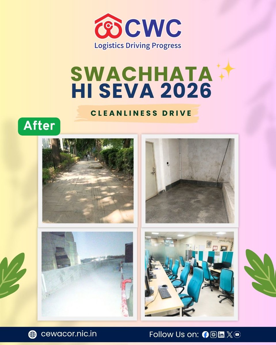 cwc_warehouse's tweet photo. Under #SHS2026, CWC undertook a cleanliness drive at Corporate Office, New Delhi on 22 September 2026, under Pillar 1 – Transformation of Cleanliness Target Units (CTUs) & Clean Public Places, promoting a cleaner and more hygienic workplace.

#cwc #centralwarehousingcorporation

@JoshiPralhad
@PralhadJoshiOfc
@fooddeptgoi
@blvermaup
@Nimu_Bambhaniya
@MDCWC
@Directorprscwc
@Director_FinCWC
@Director_MCP
