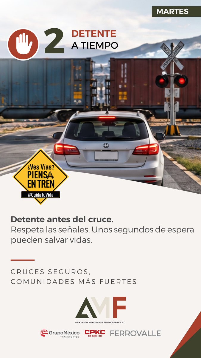 AMFerrocarriles's tweet photo. ¡Detente antes del cruce!
Voltea a la izquierda y derecha, siempre permite el paso del ferrocarril.
#CuidaTuVida #SeguridadVialFerroviaria #VesVíasPiensaEnTren https://t.co/ey9RUOBtpz