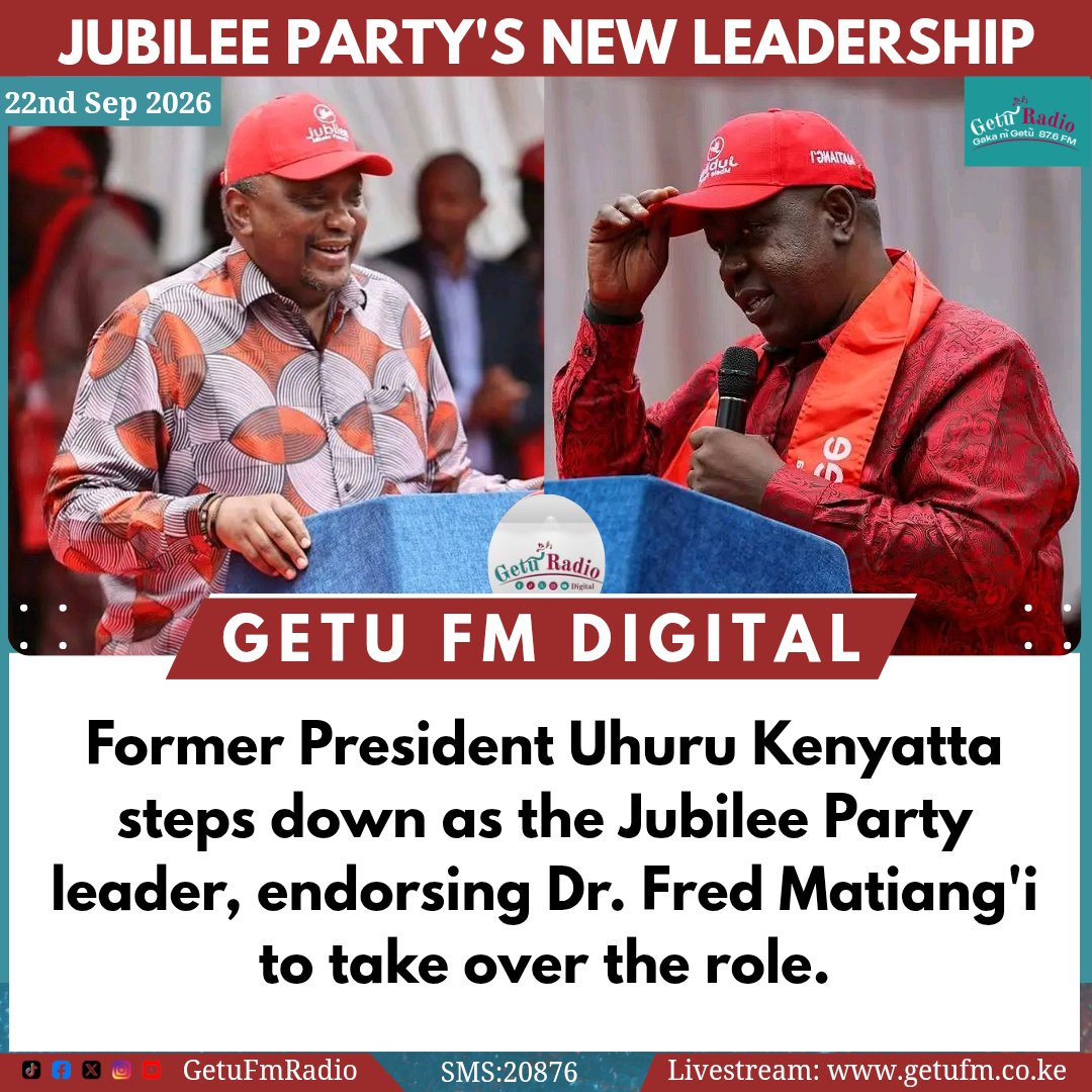 Getufmradio's tweet photo. Former President Uhuru Kenyatta steps down as the Jubilee Party leader, endorsing Dr. Fred Matiang'i to take over the role. https://t.co/DMTD3XYK4Q