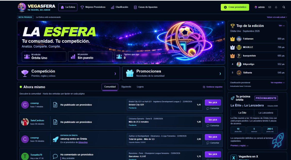 Vegasfera's tweet photo. Algo se está moviendo en Vegasfera. 👀

La Esfera está evolucionando.

Nueva interfaz, misma pasión: comunidad, pronósticos y competición.

De momento, en beta. https://t.co/EzzBtMVNHx
